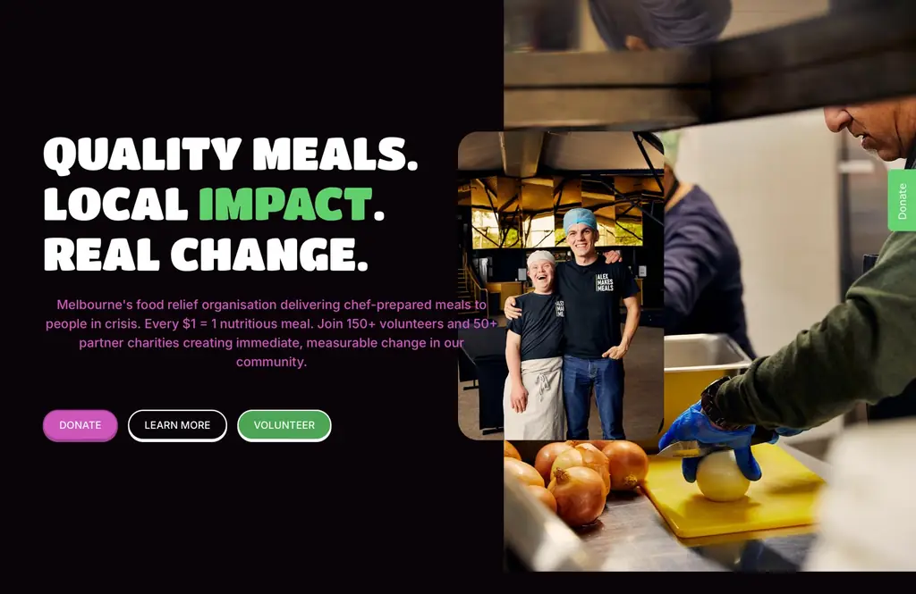 The Alex Makes Meals homepage hero: quality meals, local impact, real change, with volunteers in the charity’s kitchen.