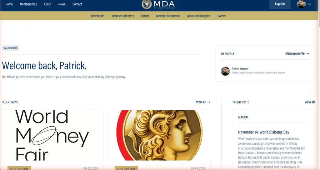 The MDA member dashboard: a member’s welcome view with profile card, association news and community posts.