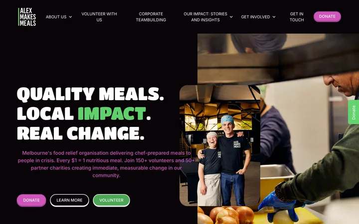 Archived Alex Makes Meals homepage with kitchen photography and routes to donate and volunteer.