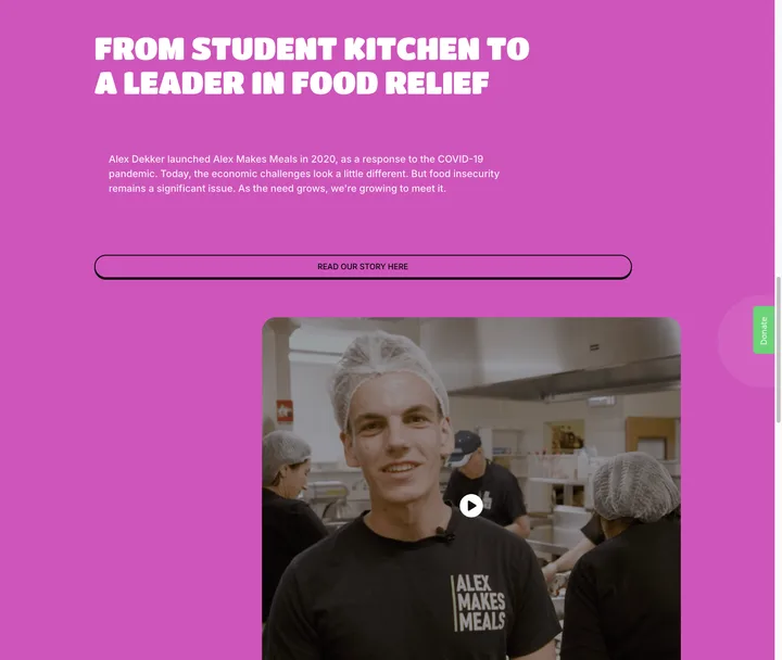 Alex Makes Meals story section on a pink background, with a portrait video poster of Alex in the kitchen.