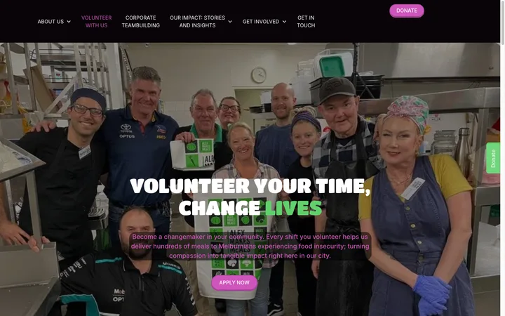Alex Makes Meals volunteering page with a kitchen team photograph and the invitation Volunteer your time, change lives.