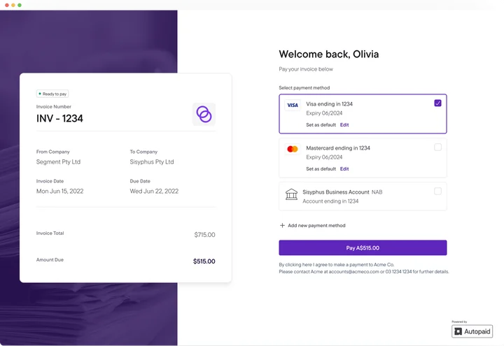 Autopaid invoice payment design with the amount due and payment method selection.