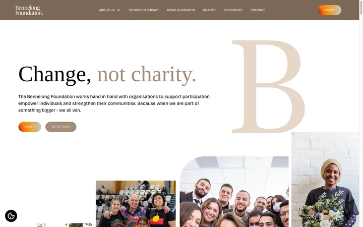 Bennelong Foundation homepage with a large B, community photographs and the headline Change, not charity.