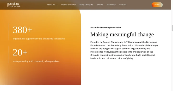 Bennelong Foundation about section with an orange impact panel alongside its mission.