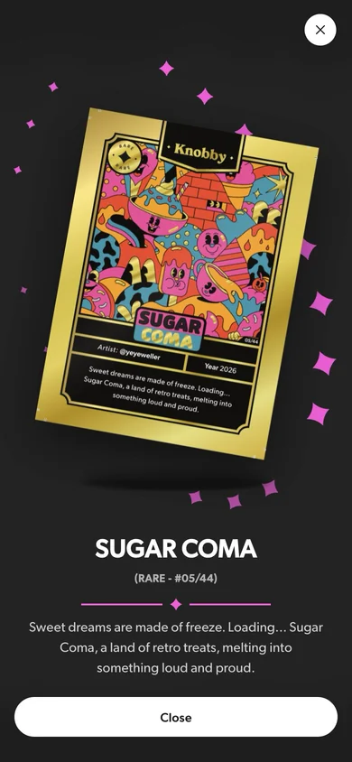 Sugar Coma rare card detail in the working Knobby demo.