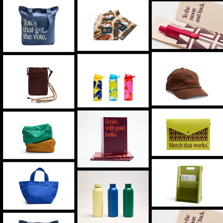 Merchgirls product display with bags, bottles, notebooks, caps and branded accessories.