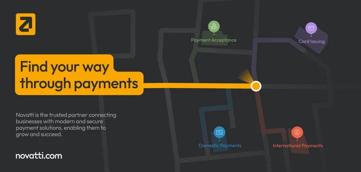 Novatti signage design with a bright yellow path and the message Find your way through payments.